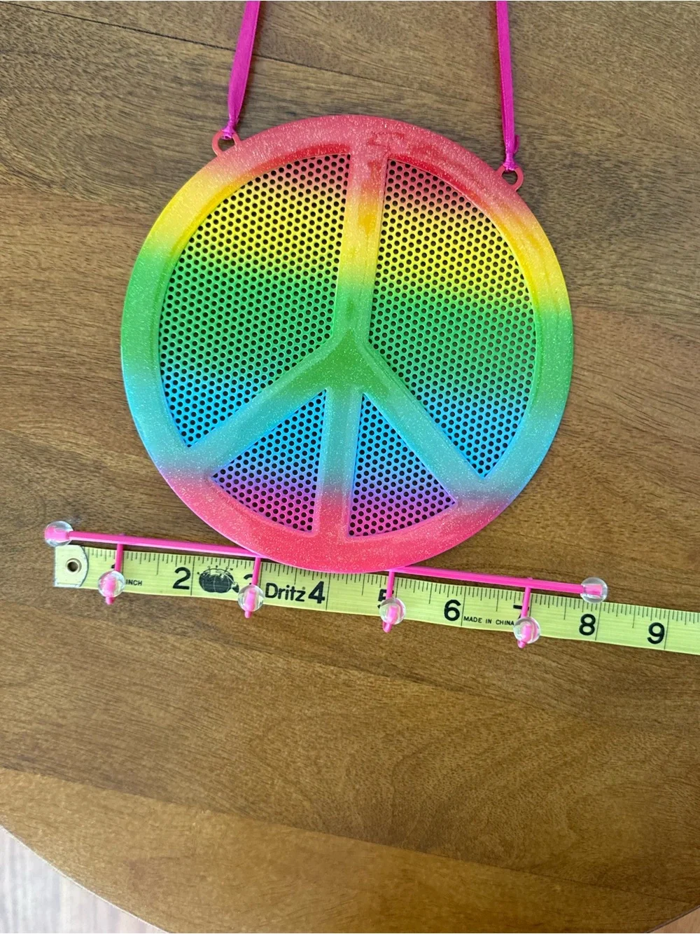Rainbow Peace Sign Earring Holder/ Necklace Holder, Hanging with Pink Strap